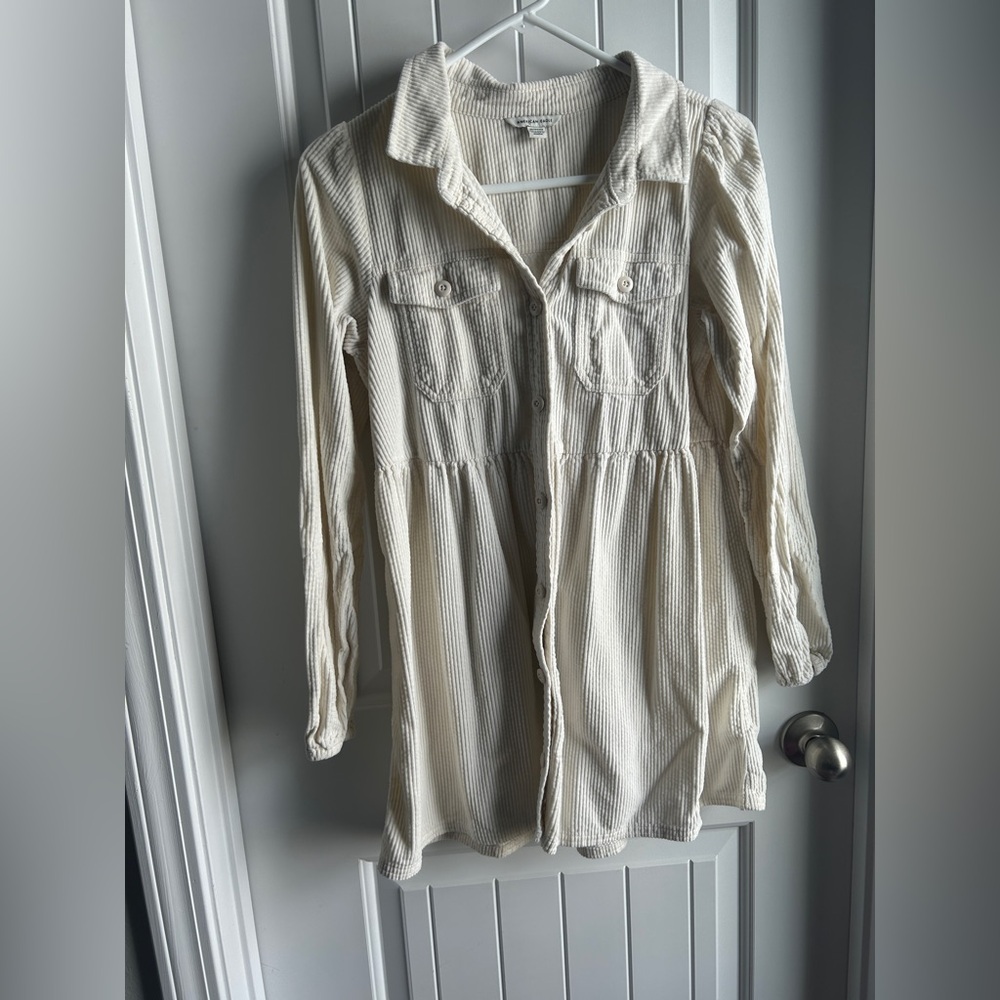 Cream Button-Up Long Sleeve Shirt Dress